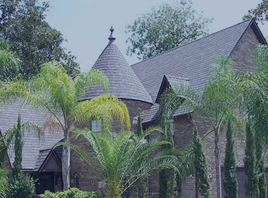 Brick home with a cone-shaped turret roof surrounded by palm trees